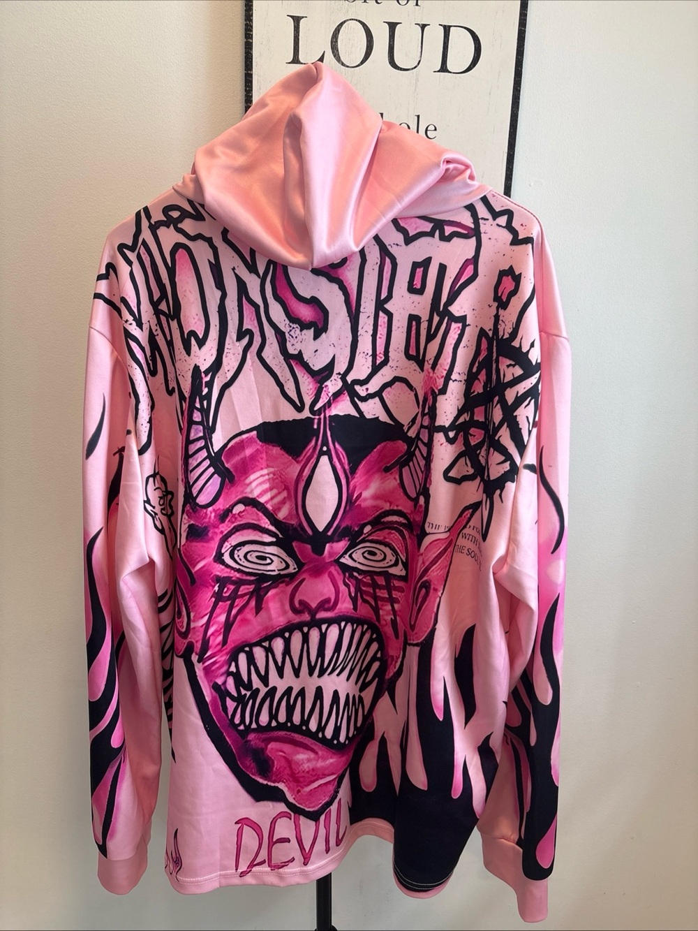 Pink And Black Devil Monster XXL Goth Thin Light Hoodie Unisex Skater Punk Rock
